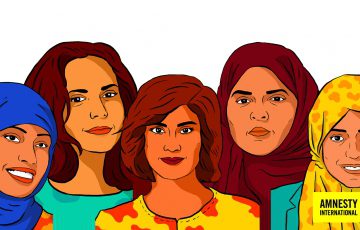 an illustrated image of Loujain al-Hathloul, Iman al-Nafjan, Aziza al-Youssef, Samar Badawi and Nassima al-Sada are women human rights defenders who have campaigned for women’s rights to drive and against the guardianship system in Saudi Arabia.