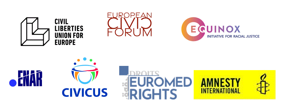 Logos of the signatory organisations: Amnesty International, CIVICUS World Alliance for Citizen Participation, Civil Liberties Union for Europe (Liberties), Equinox: Initiative for Racial Justice, EuroMed Rights, European Civic Forum (ECF), and European Network Against Racism